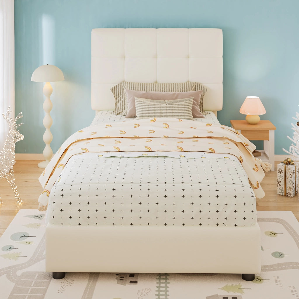 Letto singolo 90 × 200 cm con testiera imbottita in PU e rete a doghe beige