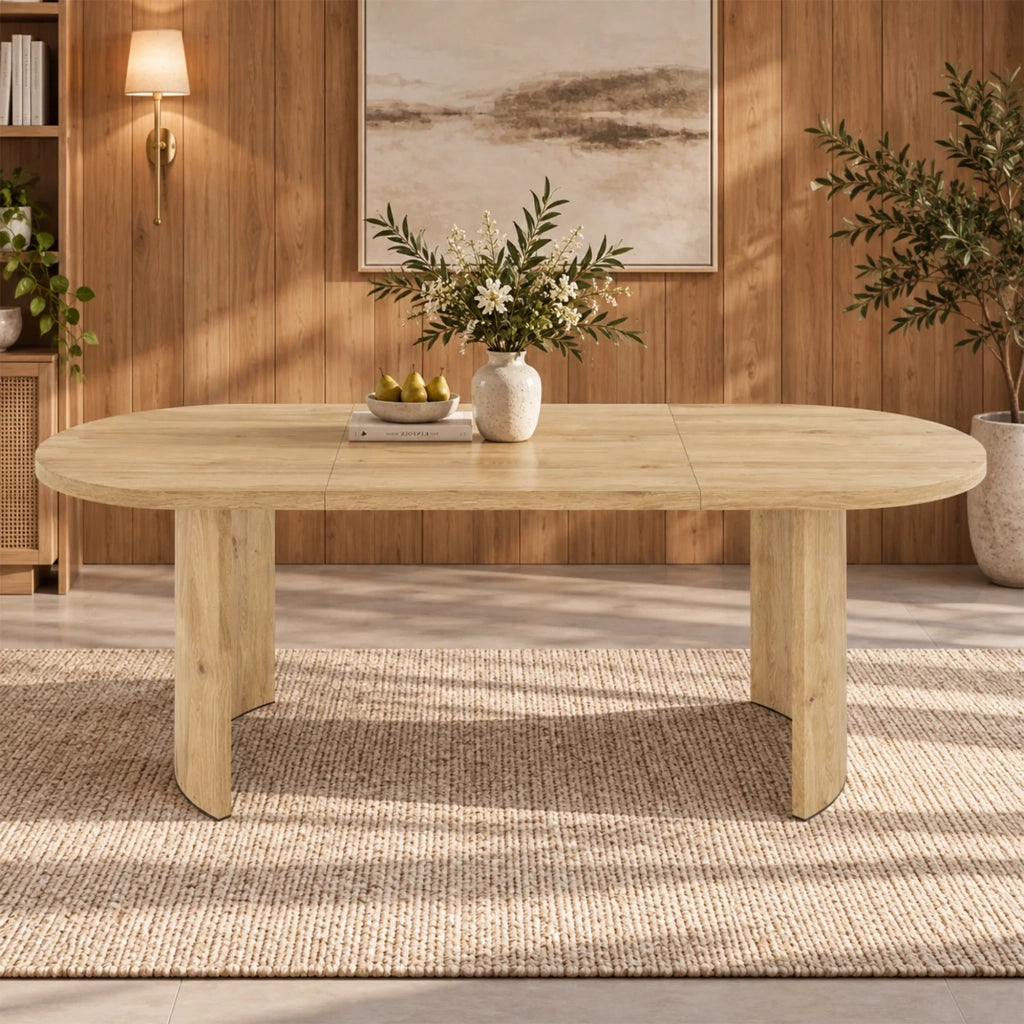 Tavolo da pranzo 200x90 cm per 6-8 persone, colore quercia, stile semplice con piano spesso, gambe curve e angoli arrotondati