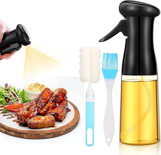 Olio spruzzatore, 210 ml, olio spruzzatore per olio di cucina con pennello, olio spruzzatore trasparente con spazzola per cucina, insalata, BBQ, pasta, accessori barbecue (nero)