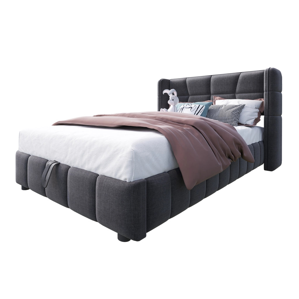 Letto contenitore singolo 90 × 200 cm con sollevamento pneumatico, senza materasso, per bambini e ragazzi, grigio