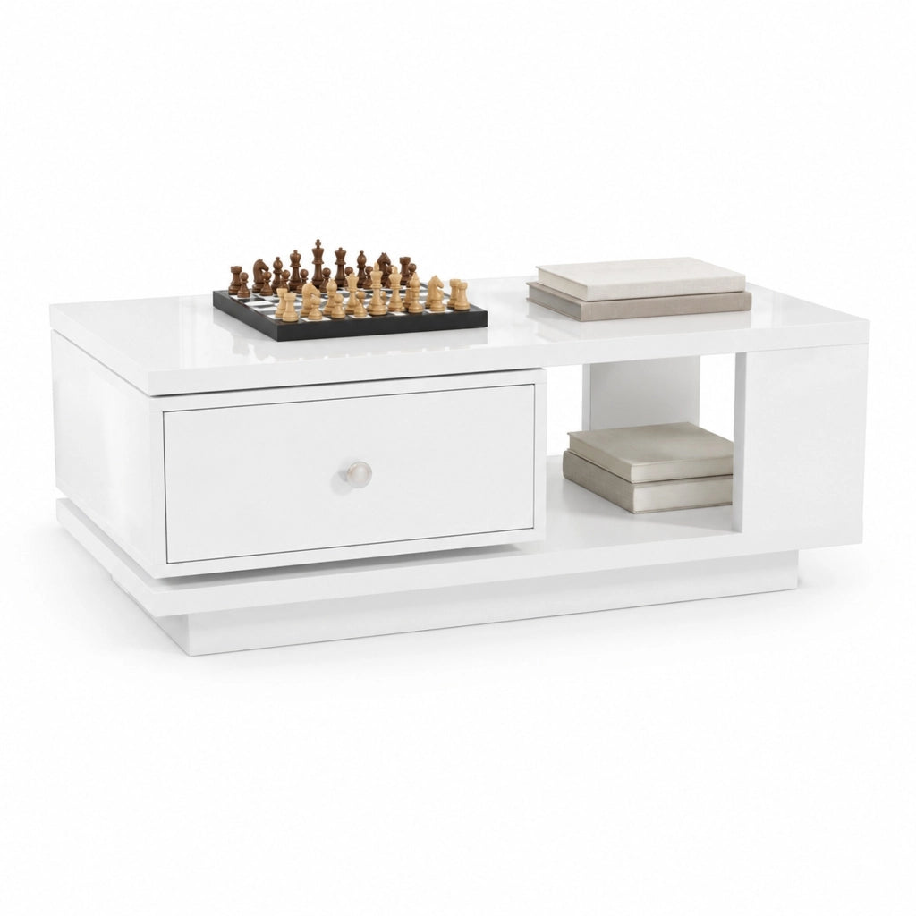 Tavolino da salotto con cassetto girevole e vano aperto, bianco lucido, in MDF e truciolare, 90 × 48 × 35 cm