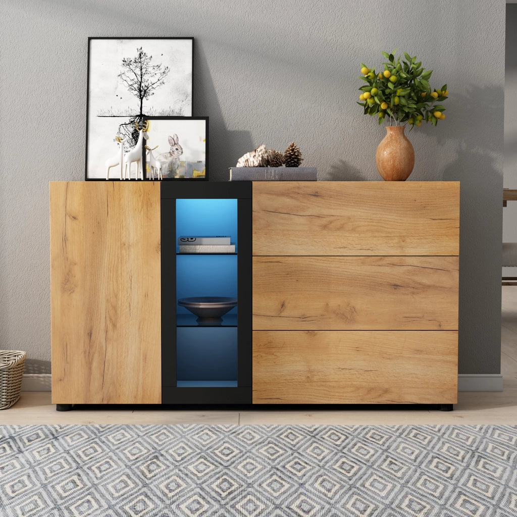 Credenza con LED RGB e 3 cassetti in pannello truciolare nero e marrone con ripiani regolabili 140 × 40 × 80 cm