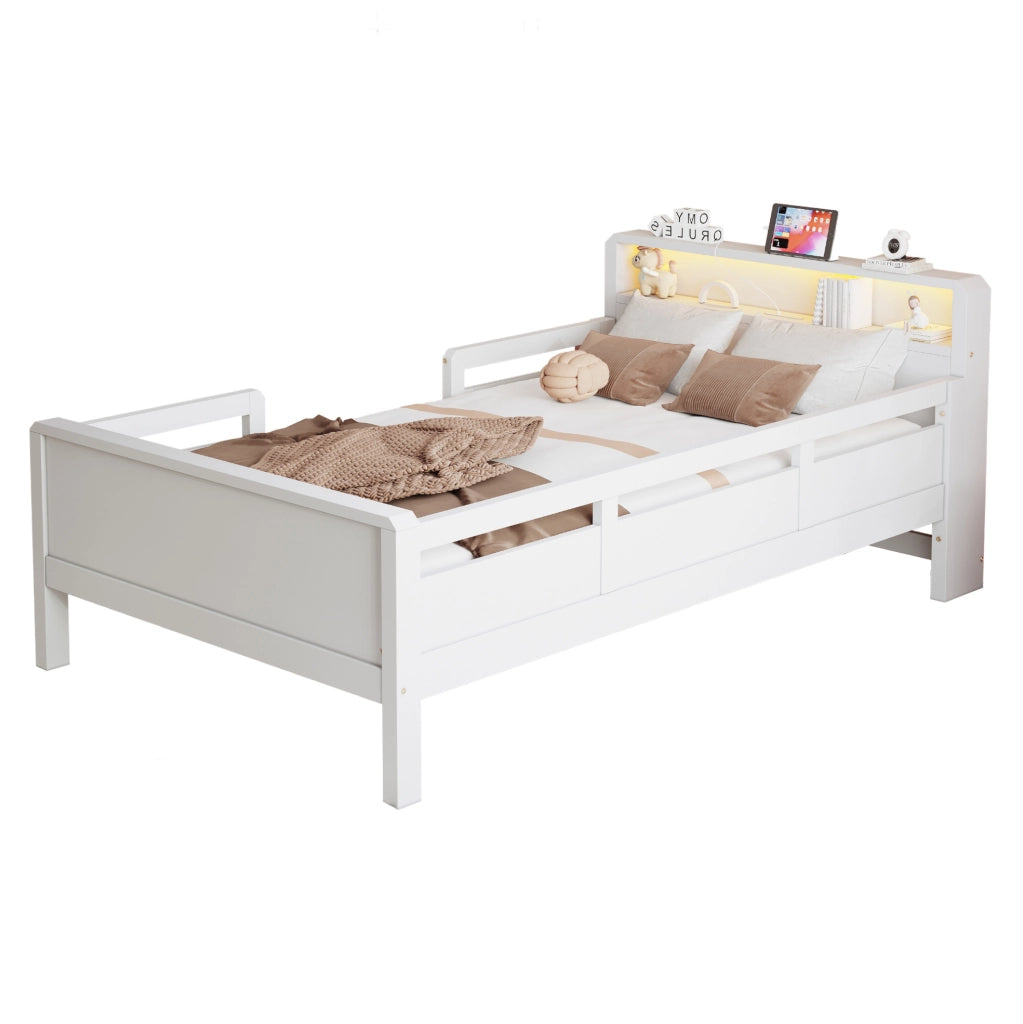 Letto multifunzione per bambini 90 × 200 cm con LED; USB; Tape-C e testiera con vano; bianco