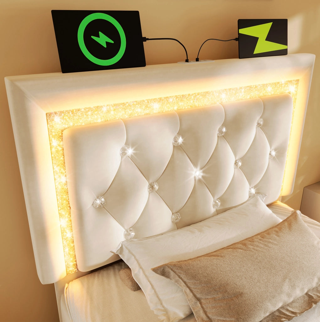 Letto 90x200 cm in velluto beige con LED, USB, Type-C e contenitore idraulico