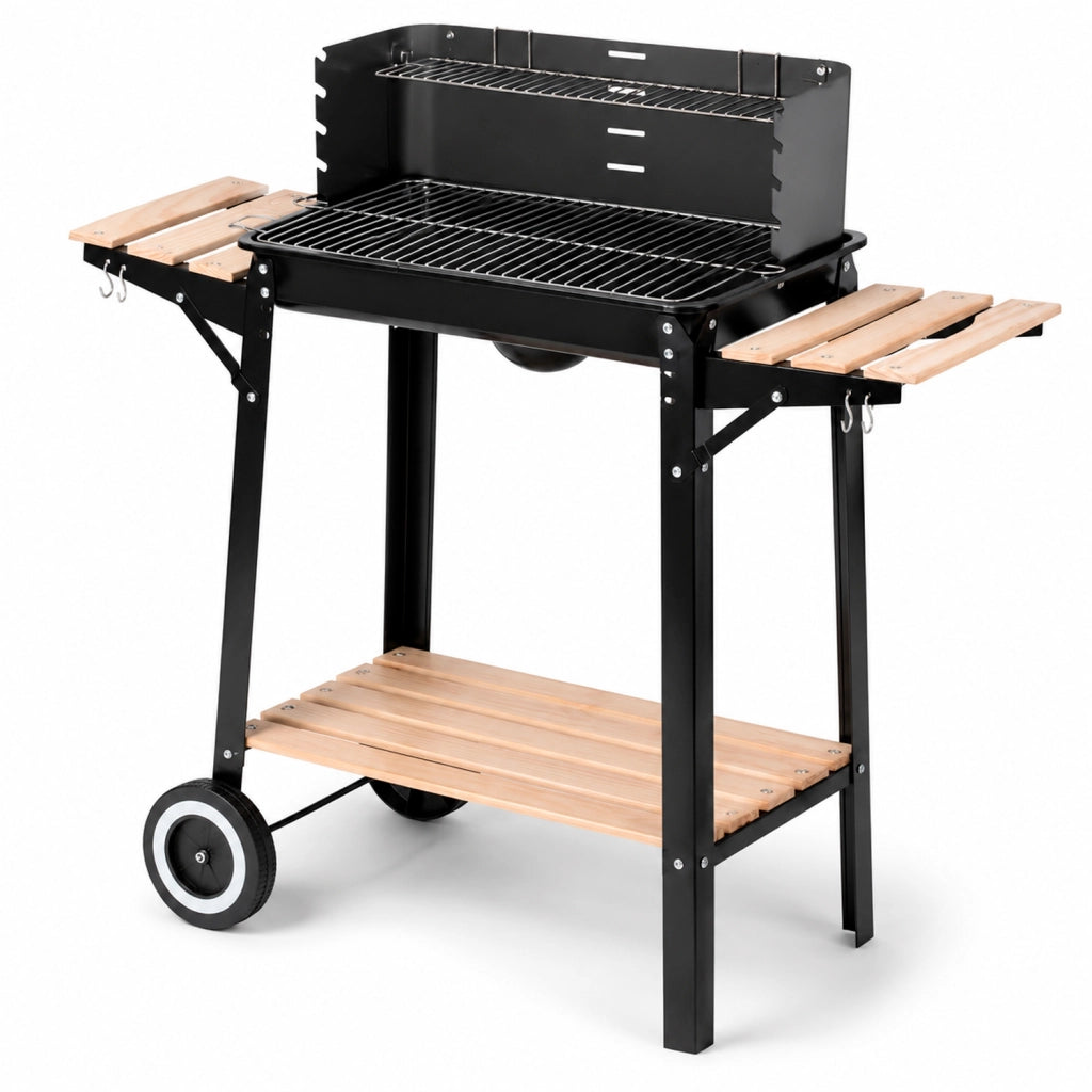 Barbecue A Carbone Con Griglia E Paravento Antivento Ripiani Legno Laterali Ganci Porta Utensili Ruote Per Trasporto Facile Giardino Campeggio 94 x 40 x 84 Cm Nero