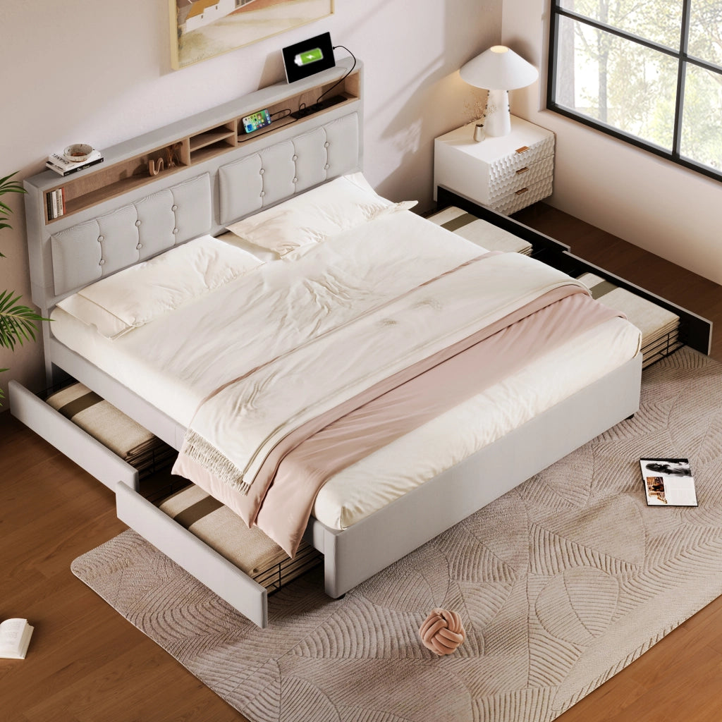 Letto Matrimoniale 140x200 cm con 4 Cassetti; USB; Type-C e Testiera Regolabile in Lino Beige