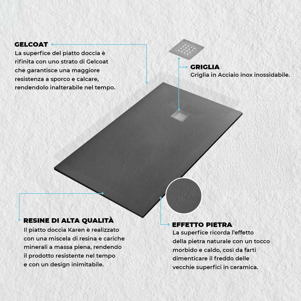 Piatto doccia in resina 80x130 rettangolare Karen ardesia