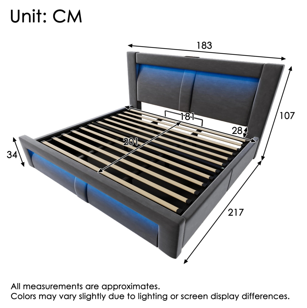 Letto matrimoniale 180x200 cm con contenitore; LED e porte USB; in velluto grigio