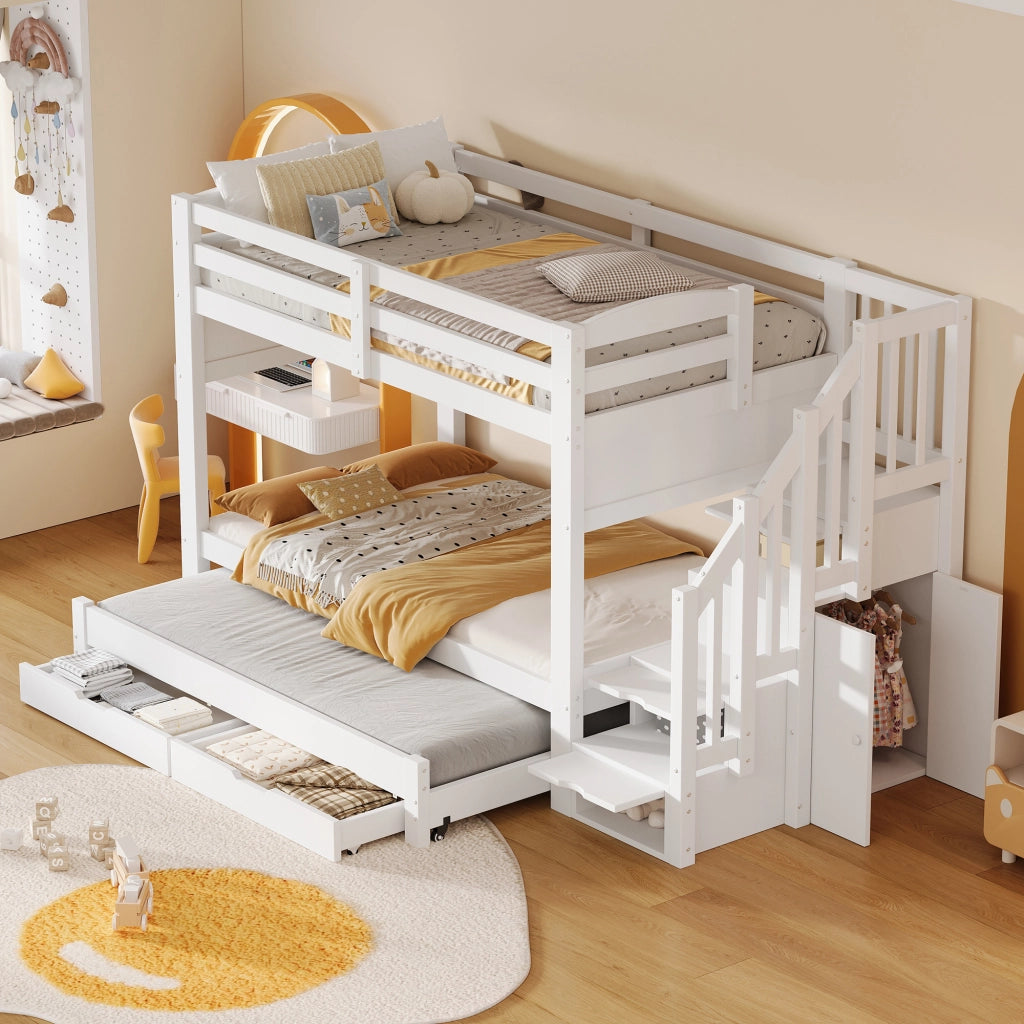 Letto a castello 90 × 200 cm con letto estraibile e scala contenitore con armadio integrato in legno bianco