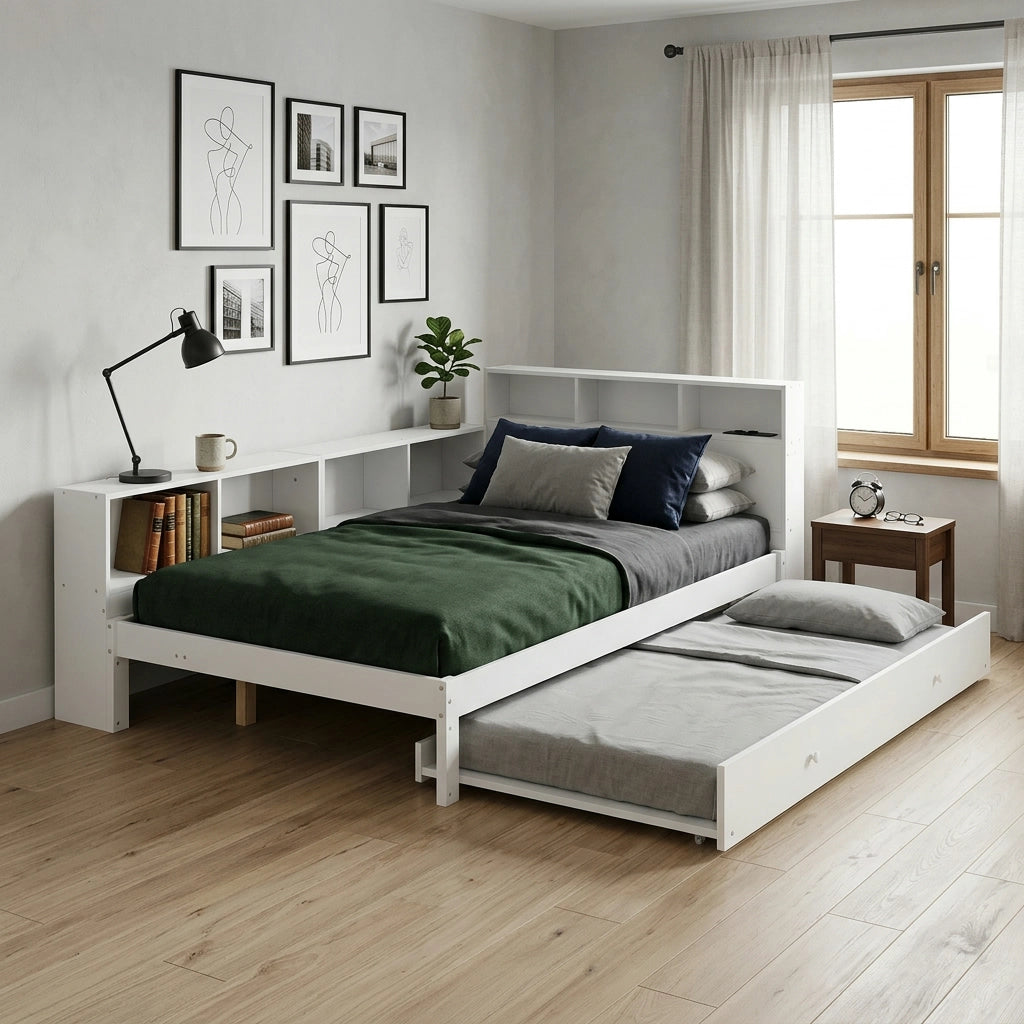 Letto multifunzione 120 x 200 cm con LED e contenitori, letto estensibile in legno bianco con testiera e struttura salvaspazio