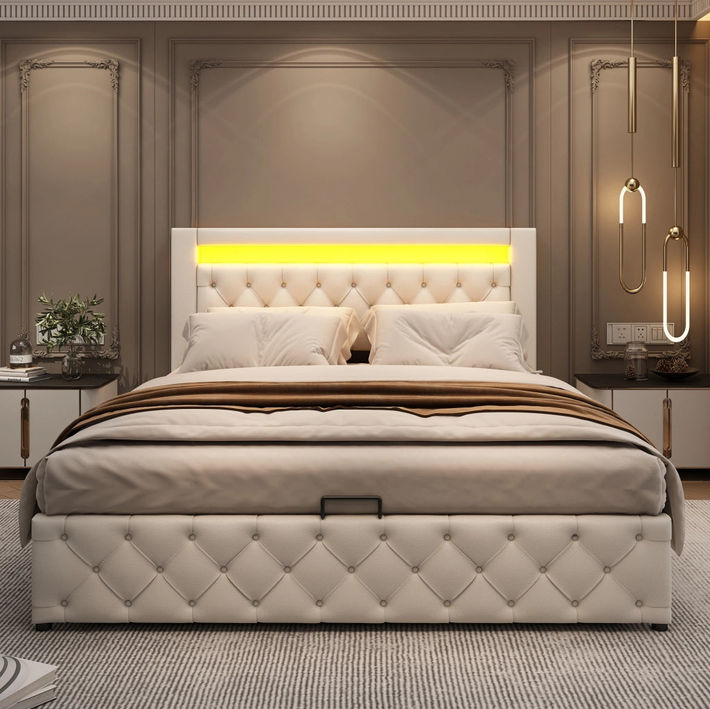 Polsterbett 160x200 cm con contenitore; rete a doghe e LED; PU bianco