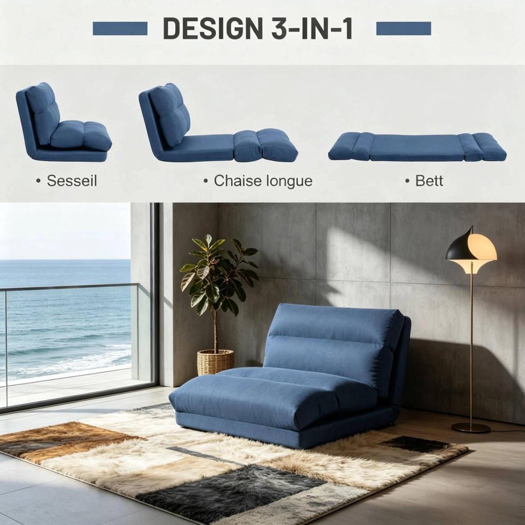 Poltrona da pavimento blu regolabile e trasformabile