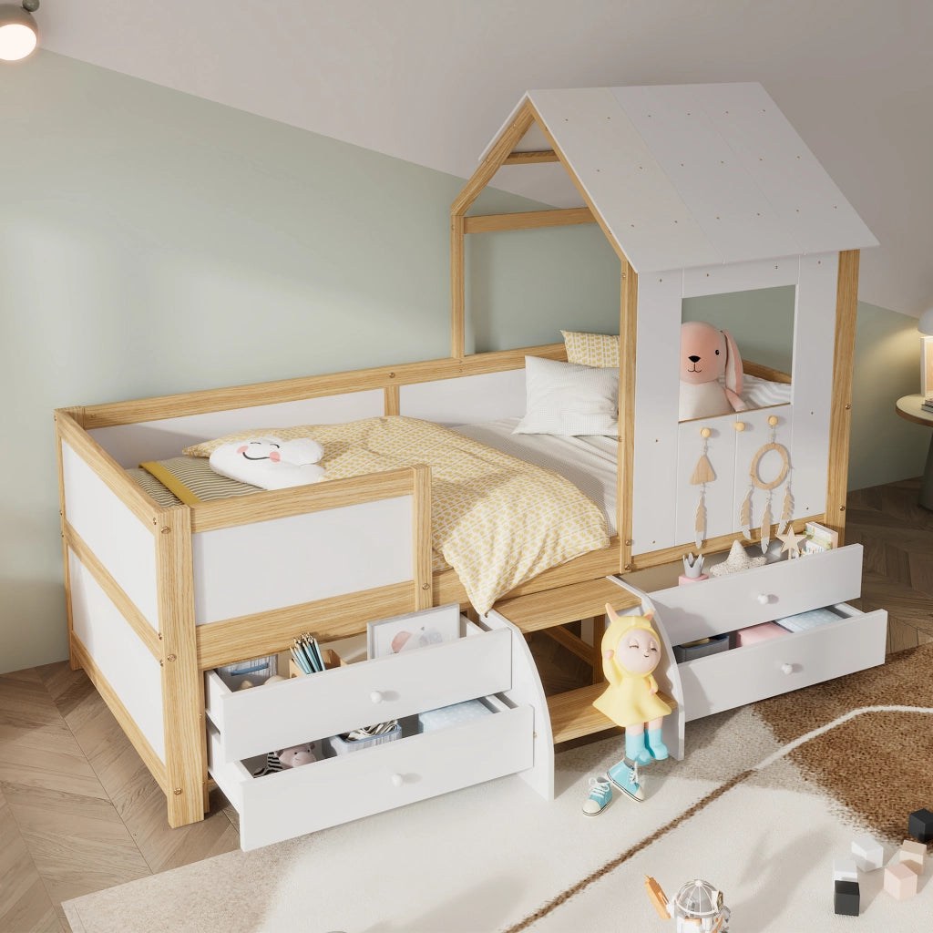 Letto a casetta 90 ¡Á 200 cm con cassetto e scala in legno bianco con rete a doghe e barriera laterale