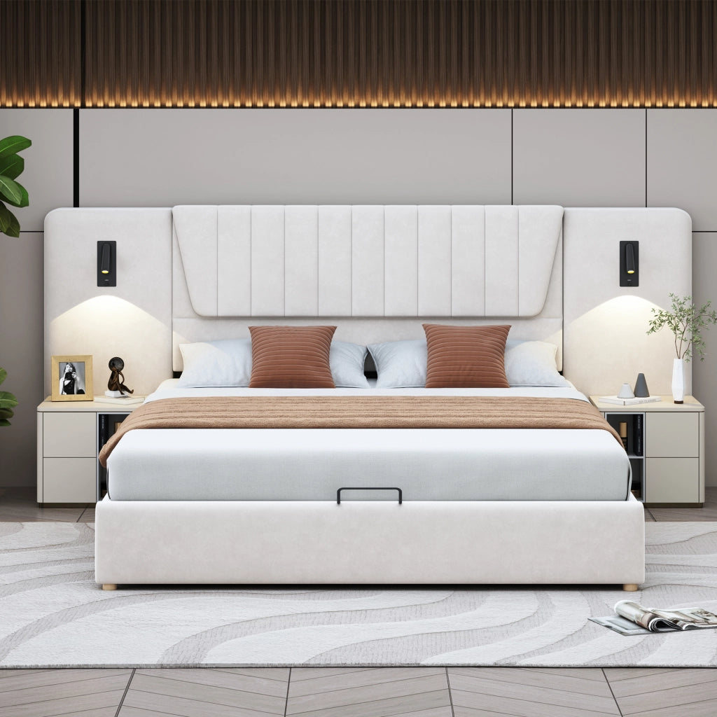 DESMIU Letto Matrimoniale 180 × 200 cm con contenitore idraulico, lampade da lettura, USB, senza materasso, in velluto, beige