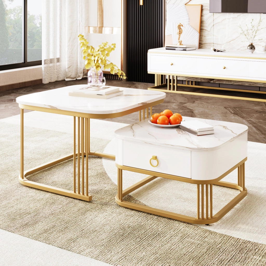 Set di tavolini da salotto impilabili in MDF; effetto marmo lucido; bianco e oro