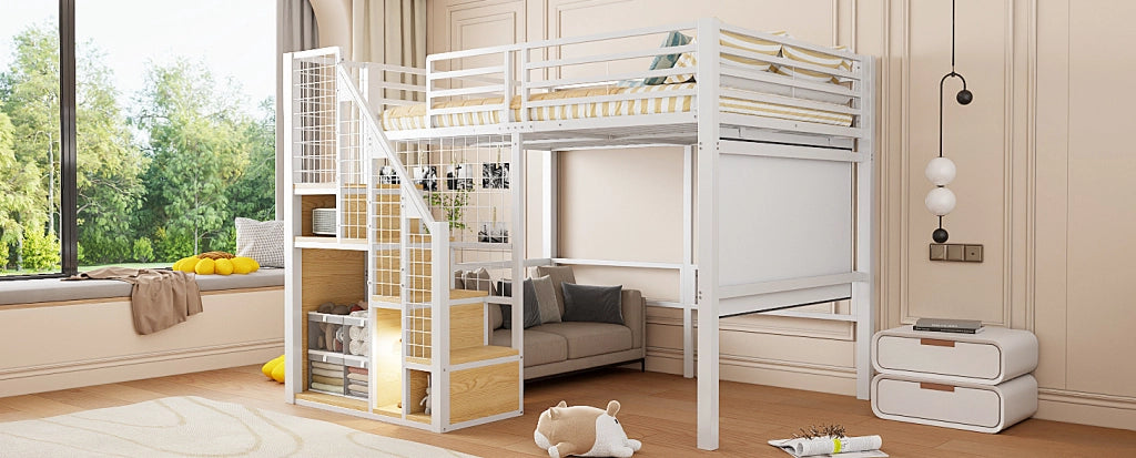 Letto a soppalco in metallo 140x200 cm con scaletta e spazio contenitivo, letto per ragazzi nero e bianco