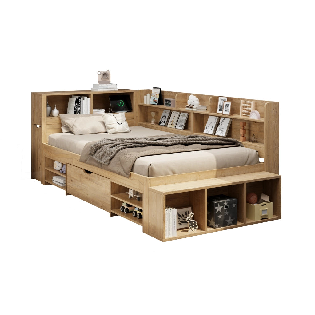 Letto singolo per bambini 90 × 200 cm con rete a doghe in compensato naturale e mobili contenitore