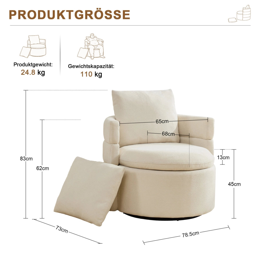 Sedia Girevole 360° con Tessuto Chenille, Cuscino Morbido e Contenitore Nascosto, Poltrona Moderna per Soggiorno e Camera, Dimensioni 72x66.5x76 cm, Avorio