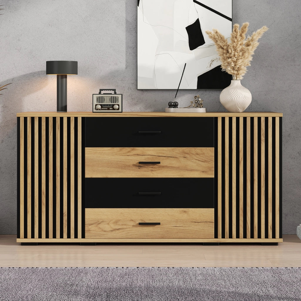 SIDEBOARD 140x35x70 cm in MDF nero e effetto rovere con 4 cassetti e 2 ante