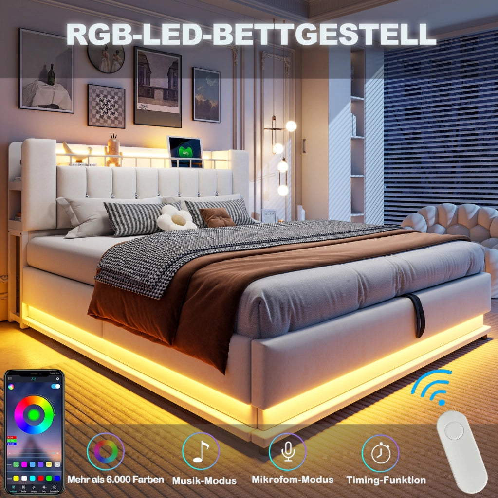 LETTO Imbottito 160x200 cm con LED, USB e contenitore idraulico Beige