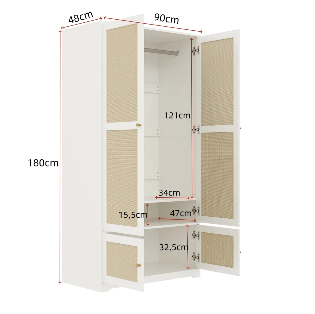 Armadio a Due Ante in Legno 90 x 48 x 180 cm con Ante in Rattan Bianco - Ideale come regalo per Halloween e Natale