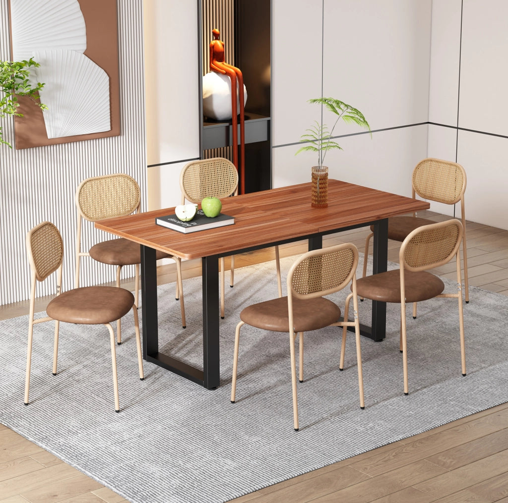 Set di 6 sedie da pranzo con schienale ovale in rattan; PU e gambe in metallo; marroni