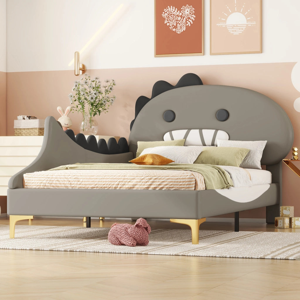 Letto singolo 90 × 200 cm con testiera a dinosauro in PU e MDF grigio