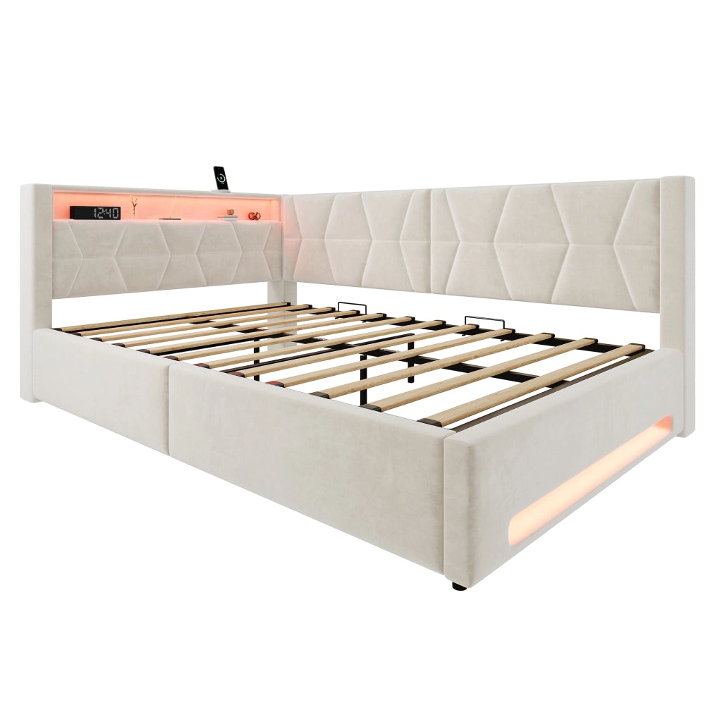 Letto contenitore matrimoniale 140 × 200 cm con vano idraulico, LED, USB e Type-C, senza materasso, beige