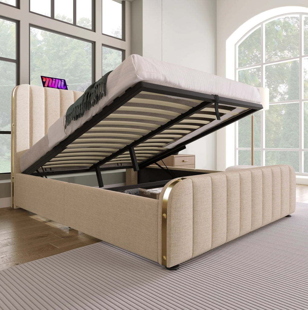 Letto imbottito contenitore 140x200 cm con USB e Type-C; beige