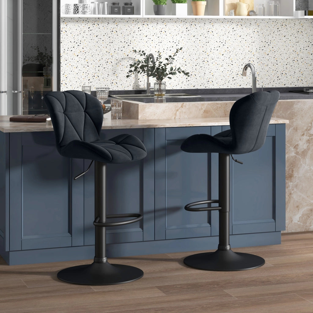 Sgabelli da bar set 2 girevoli regolabili con schienale e poggiapiedi in poliestere nero 51,5 × 57,5 × 93-114,5 cm