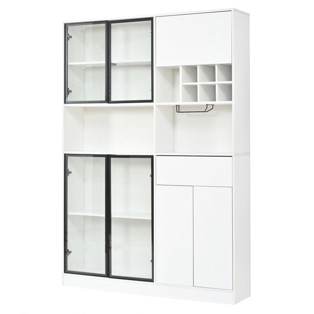 Vetrina bianca in truciolato 140x30x200 cm con 7 porte, 1 cassetto, LED Bluetooth, portabicchieri e 6 portabottiglie