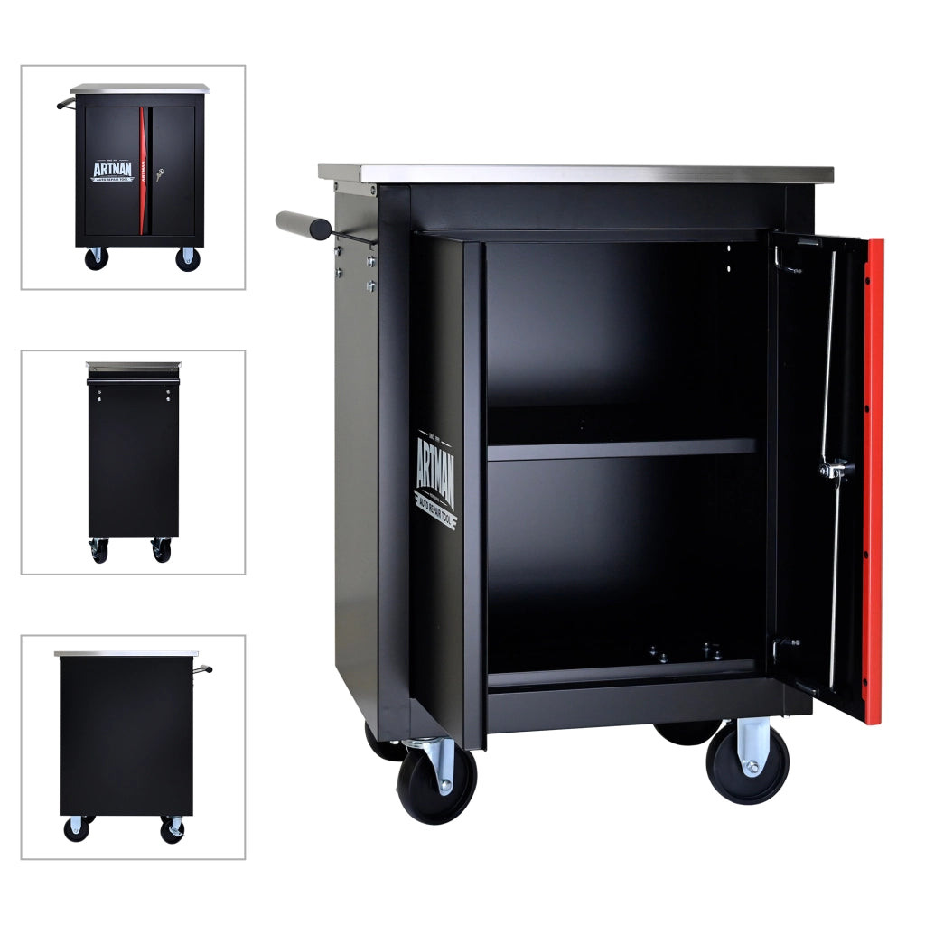 Carrello portautensili due ante con serratura; 4 ruote e ripiano removibile in acciaio nero e rosso 62.5 × 34.5 × 78 cm