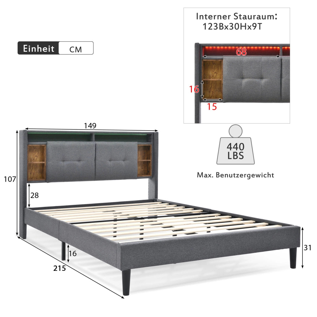 Letto matrimoniale imbottito 140 ¡Á 200 cm con testiera contenitore USB prese LED legno grigio rete a doghe