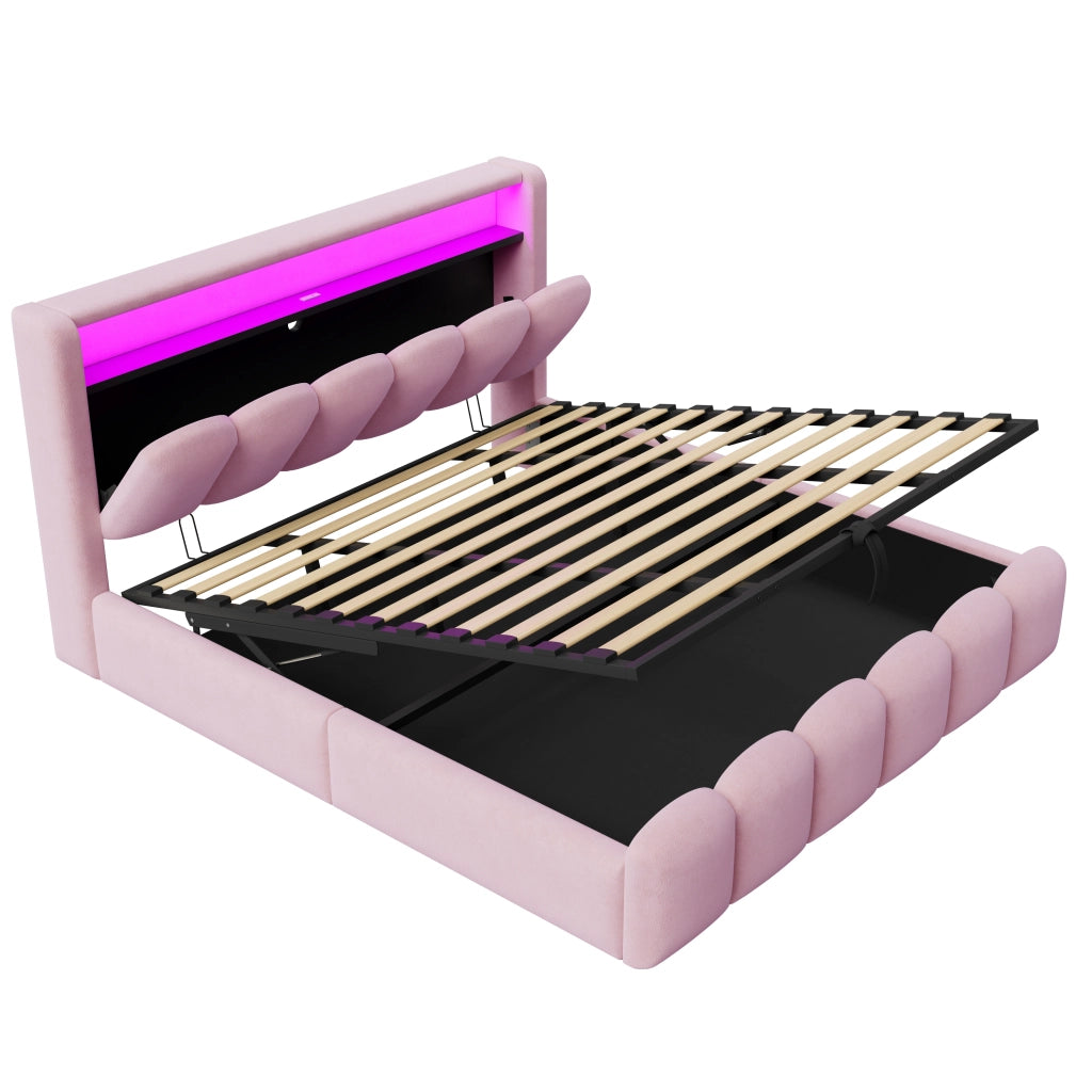 Letto matrimoniale 180 × 200 cm con contenitore idraulico; LED; USB e porta Type-C; senza materasso; rosa