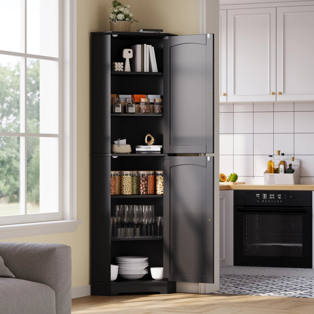 Mobile angolare con 2 ante e ripiani regolabili, design ad arco, per cucina e soggiorno, MDF nero, 42 × 42 × 166 cm