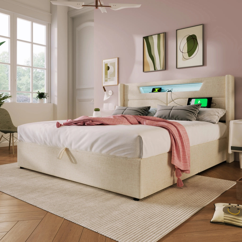 Letto matrimoniale imbottito con LED, USB e spazio contenitivo