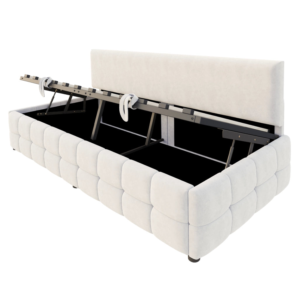 Letto imbottito singolo 90×200 cm con contenitore idraulico; rete a doghe e senza materasso; beige