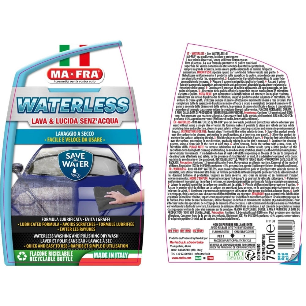 Mafra lava e lucida waterless lavaggio auto a secco completo carrozzeria 750 ml