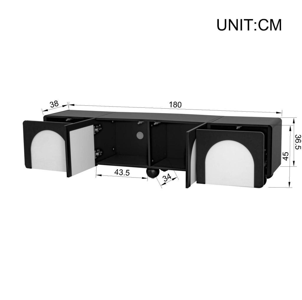 Mobile TV 180x38x45 cm con 2 cassetti e 2 ante in MDF nero e bianco