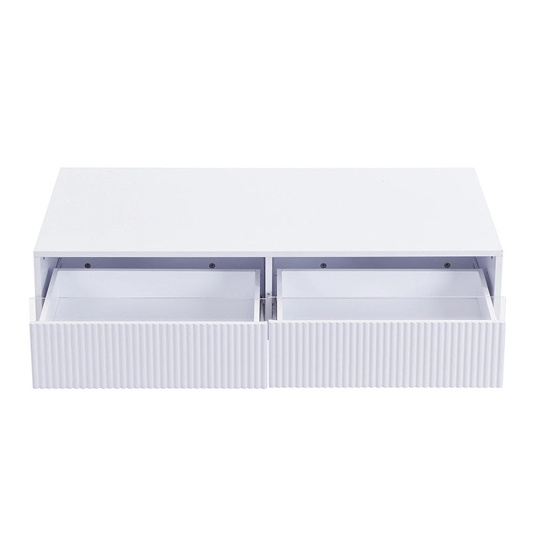 Set mobili moderno LED con mobile TV 4 ante e tavolino con 2 cassetti in MDF bianco con dettagli oro e illuminazione LED