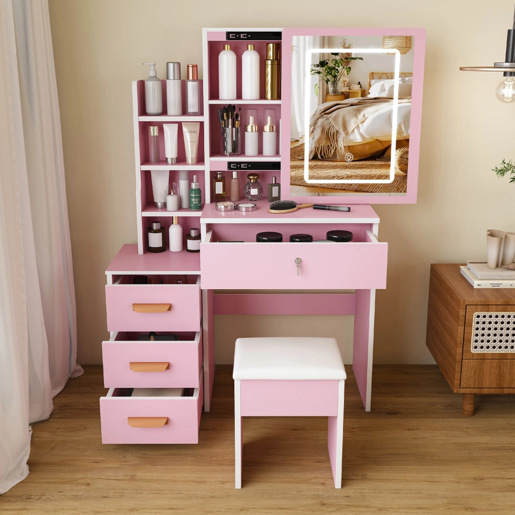 TOLETTA con Specchio LED e Sedia MDF Rosa