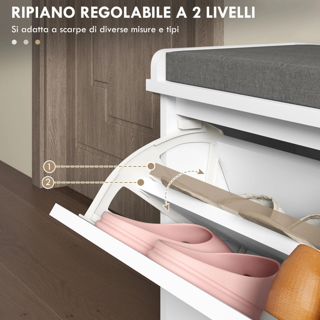 Panca Scarpiera Salvaspazio con Cuscino e Cassetto Ribaltabile per 8 Paia di Scarpe, 80x26x44.5 cm, Bianco