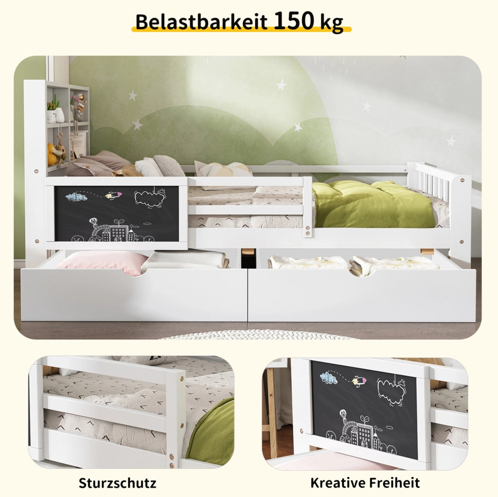 Letto bambini multifunzione in legno bianco 90x200 cm con cassetti e lavagna, senza materasso