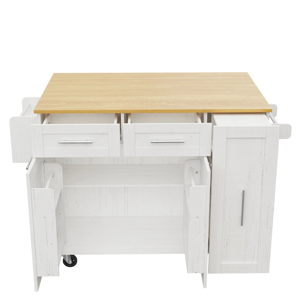 Isola cucina multifunzione bianca 110x46 cm con piano ribaltabile, ruote e ampio spazio interno