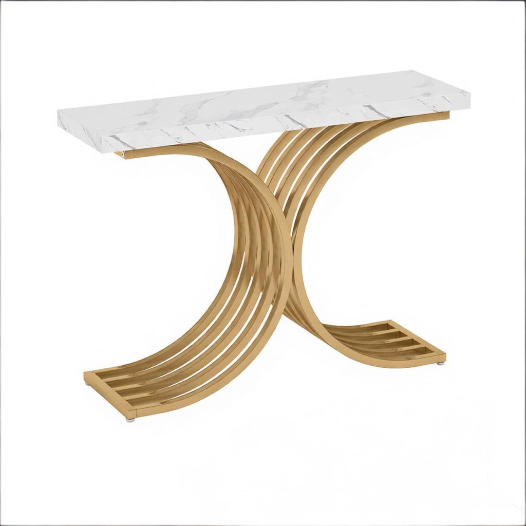 Consolle con piano rettangolare in marmo artificiale e struttura geometrica in metallo dorato per ingresso e soggiorno, 100 × 30 × 80 cm