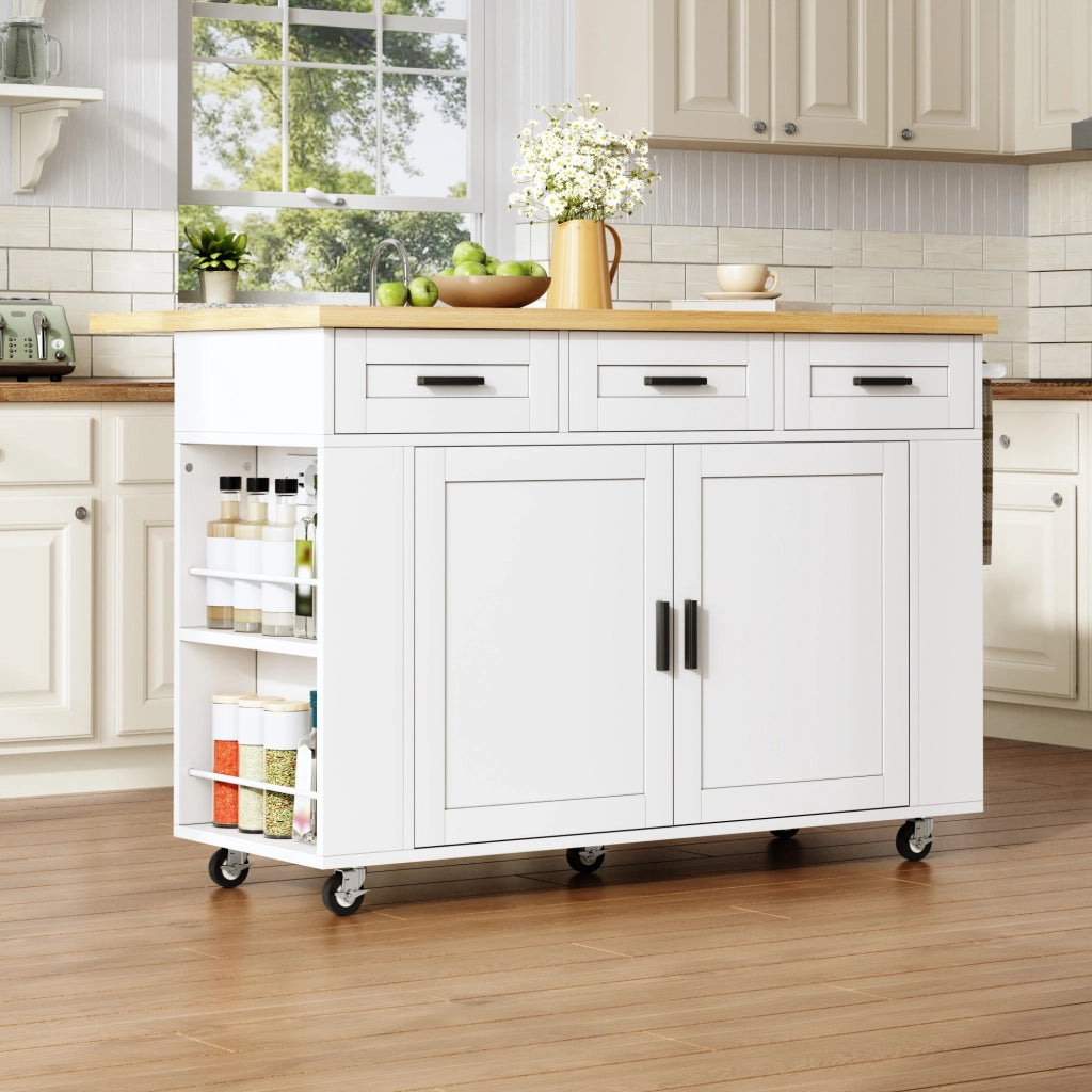 Carrello da cucina con piano pieghevole, 3 cassetti, prese e ruote, in MDF bianco e naturale, 120 × 45(70) × 84 cm