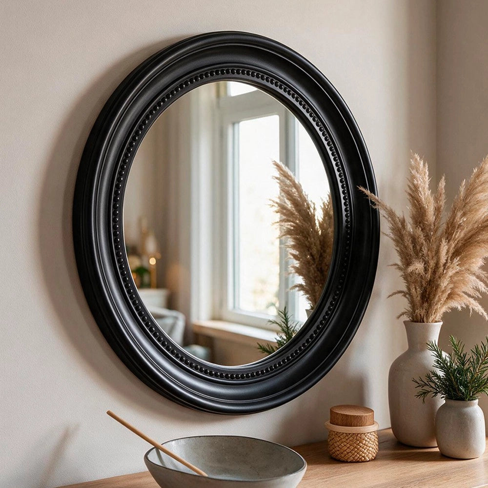 Specchio Decorativo Rotondo MR512 da Parete 45x45 cm Nero con Bordo Interno Perlinato