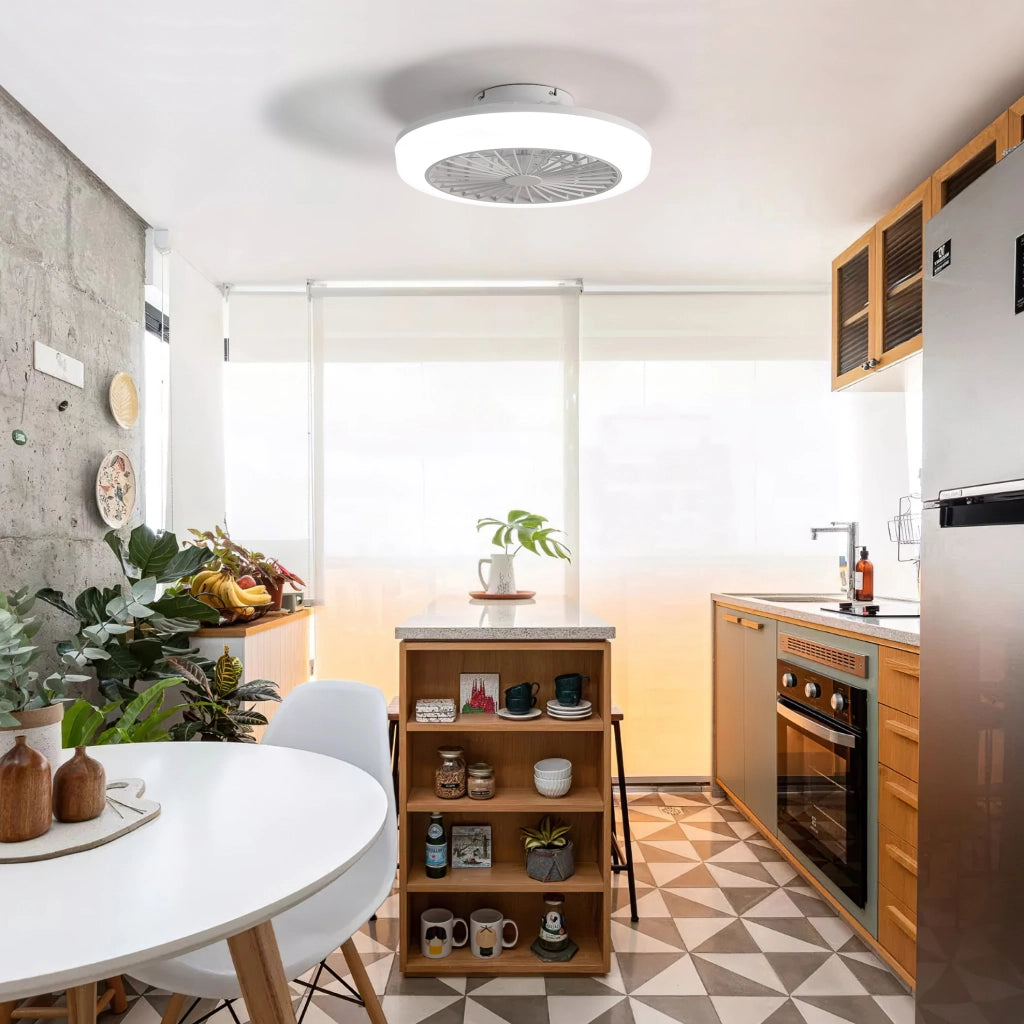 Ventilatore da soffitto senza pale 18" con luce dimmerabile e telecomando, design bianco moderno per camere da letto e cucina