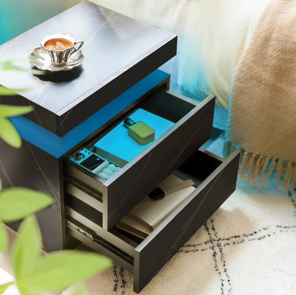 Comodino moderno con luci LED regolabili, 2 cassetti, colore nero e oro