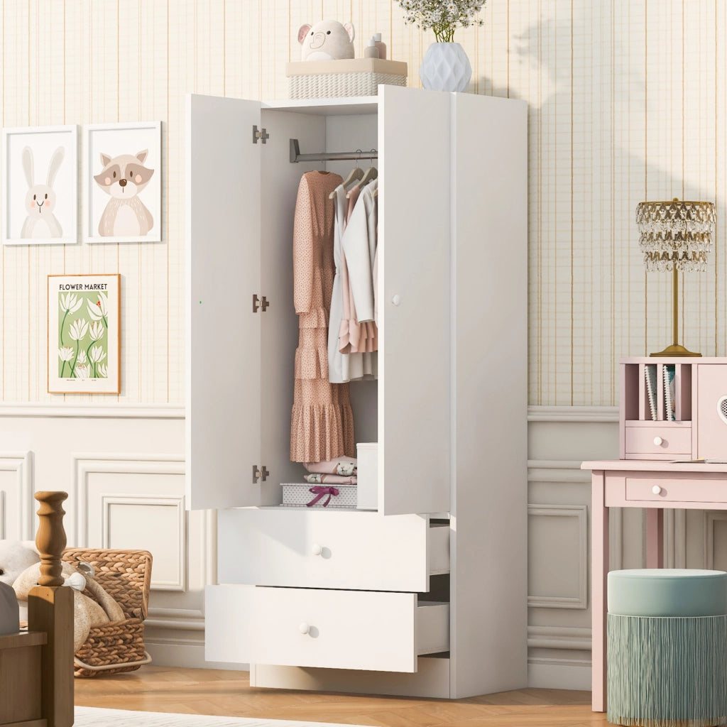 Armadio Singolo 70x40x170 cm con Due Cassetti, Design a Blocchi di Colore, Rosa e Bianco
